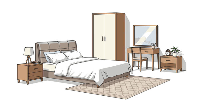 Serene modern bedroom interior, featuring a comfortable bed, two stylish nightstands, a wooden wardrobe, and a functional dressing table with matching chair and mirror.