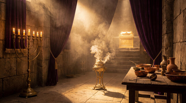 The Ark of the Covenant, a golden Menorah, and smoking incense fill a solemn Biblical Tabernacle interior