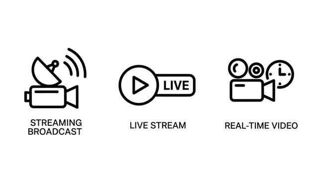 Live streaming and broadcast technology line icons set with streaming broadcast technology internet realtime communication broadcasting production transmission satellite entertainment