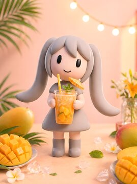 Cute pastel 3D character holding mango juice with tropical fruits scene