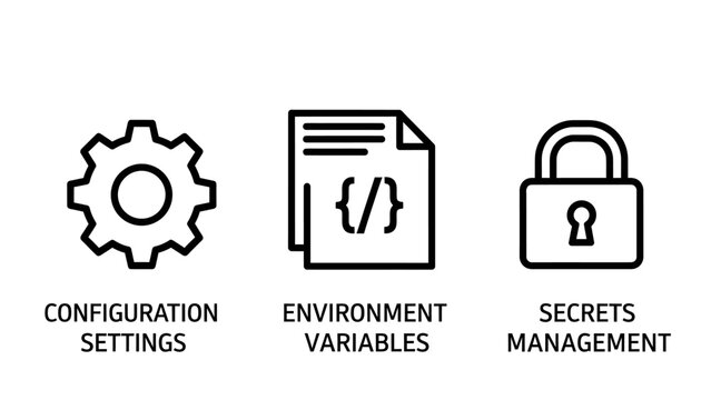 Software development and cybersecurity icons including configuration settings gear code environment variables secrets management padlock configuration settings environment variables