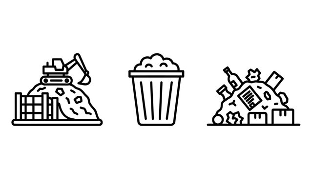 Waste management and construction site debris outline icons with construction excavator recycling management disposal environment pollution dumpster machinery industry industrial container