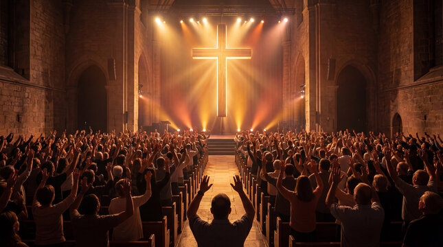A large congregation raises hands in worship during a church service, illuminated by a glowing cross