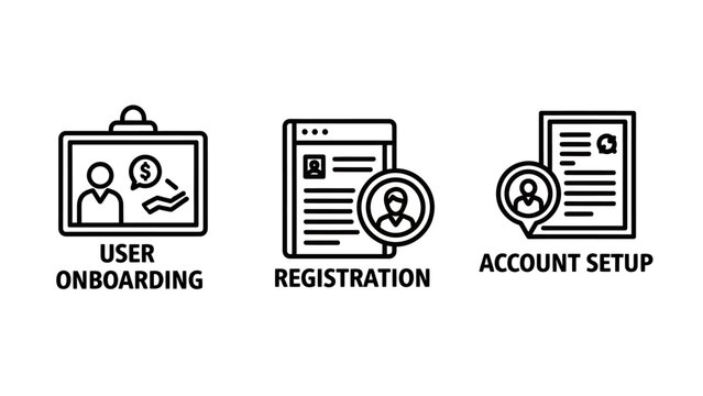 Set of user onboarding registration and account setup icons with onboarding registration document identity application interface business verification security membership information