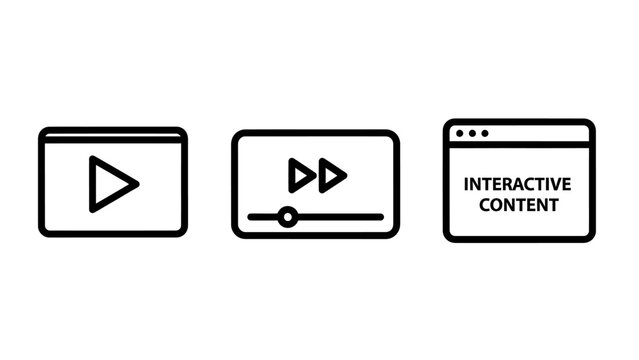 Set of player and interactive content web icons with interactive multimedia interface application software monochrome isolated entertainment playback engagement technology communication