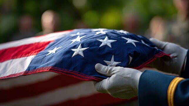 patriotic ceremony, canon eos r captures emotional close-up of us flag being folded by service members at memorial day event with solemnity