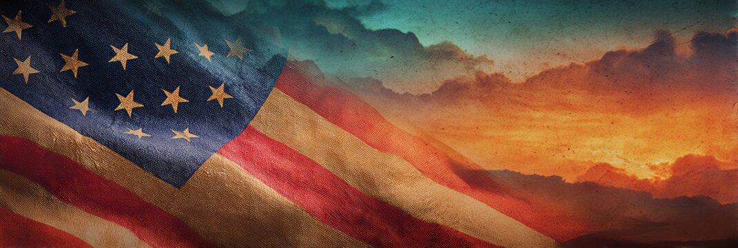 memorial day tribute, highly rated visual designers panoramic memorial day postcard template featuring a dramatic, weathered american flag at half-mast against a cinematic sunset sky rich patriotic