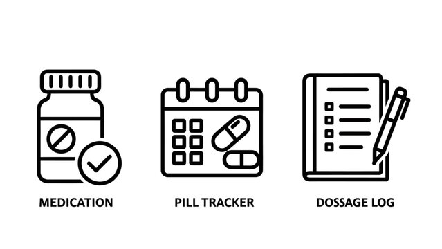 Medical health management icons including medication bottle pills calendar and dosage log with medication calendar pharmacy treatment healthcare schedule prescription wellness clinical