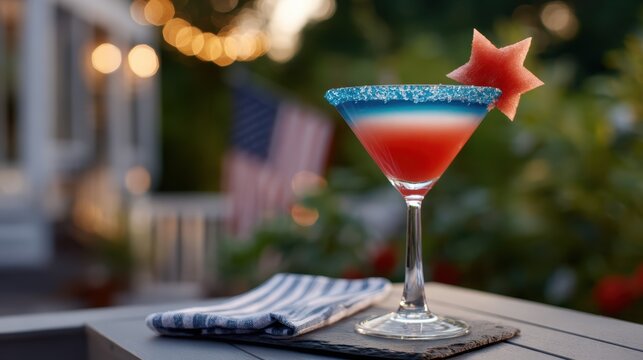 festive cocktail display, a upscale ad shows a martini glass with red, white, and blue layers, pop-rock candy and a star-shaped watermelon slice on a slate coaster the blurred background has a