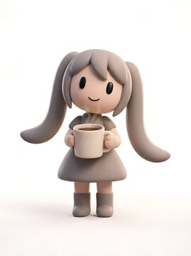 Cute pastel 3D character holding coffee mug on minimal background