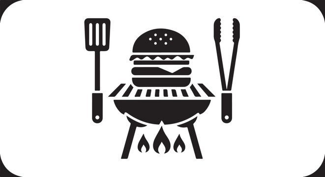 Black grill icon, barbecue utensils, burger cooking, outdoor food prep, vector graphics