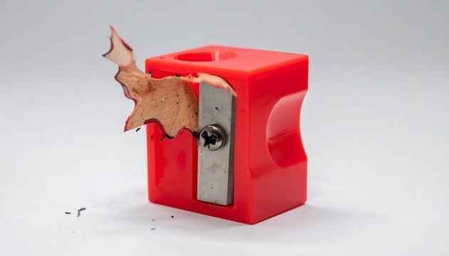 Red pencil sharpener with wood shavings