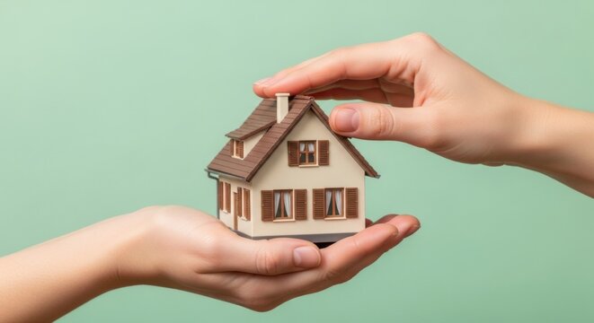 Hands holding and protecting a small house model on green background
