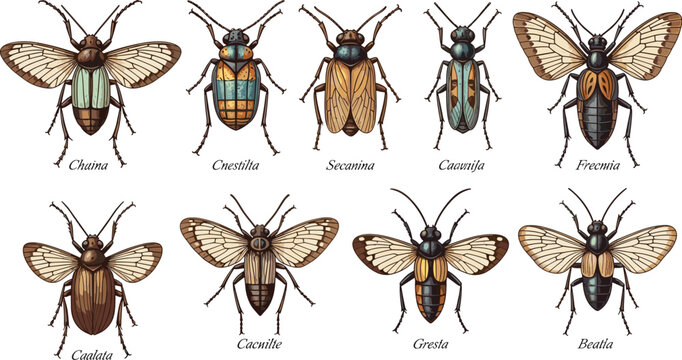 Realistic Detailed Beetle and Insect Collection Set with Different Species and Names Vector Illustration