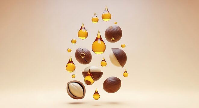 Macadamia nuts and falling golden oil drops for organic skincare and healthy food advertisement. babassu