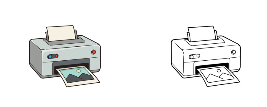 Colored and black outline photo printer illustrations in cartoon and line art styles in grey color with printed mountain picture on white background

