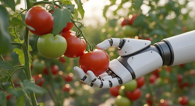 Robotic harvesting a robotic arm gently picking ripe tomatoes in a greenhouse