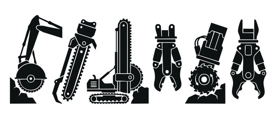 Fototapeta premium Excavator Attachments Set Construction Tools Icons Vector Collection for Heavy Machinery and Industrial Equipment Design Projects Including Rock Saws, Hydraulic Cutters and Demolition Grapples Black S