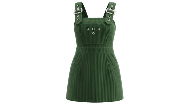 Green corduroy pinafore dress with silver hardware