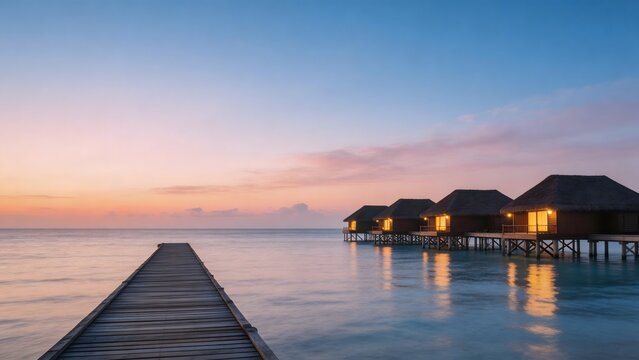 Wooden pier and water bungalows at sunset