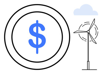 Fototapeta premium Renewable energy, sustainability, eco-finance, green economy, clean energy, environmental awareness. Dollar symbol inside a circle and a wind turbine. Renewable energy and sustainability concept