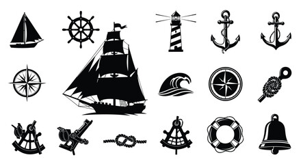 Obraz premium nautical symbols collection in black silhouette high quality professional detailed modern