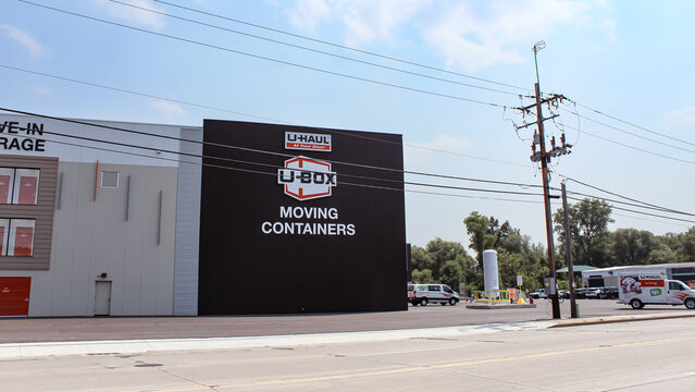 Wausau, WI - Aug 3, 2025: A U-Haul facility advertising their U-Box moving containers. Editorial Use Only.