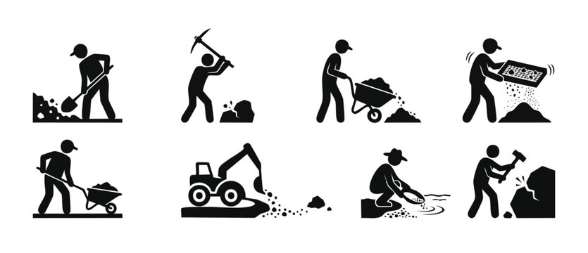 Mining Work Icons Set, Gold Extraction and Excavation Symbols, Stick Figure Workers Using Tools, Shovel Pickaxe Sifting and Heavy Machinery Equipment for Industry Logistics, Construction Site Operatio