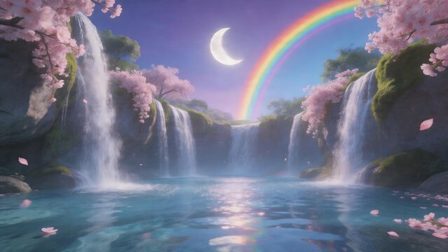 Waterfalls with cherry blossoms and rainbow