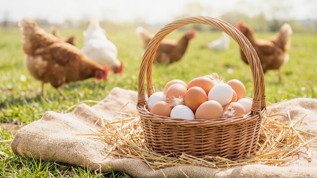 A woven basket with fresh, organic eggs on rustic burlap cloth in sunny green meadow. Brown and white chickens graze on a free range, natural and wholesome farm-to-table concept.