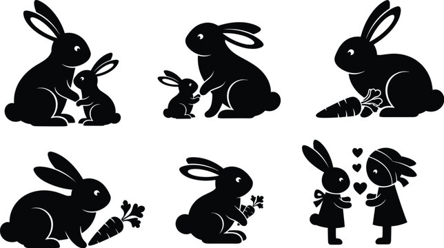 Cute Rabbit Silhouette Vector Illustration Set with Bunny Characters Holding Carrots Family Love Scenes and Easter Animal Collection for Stickers Logos and Design