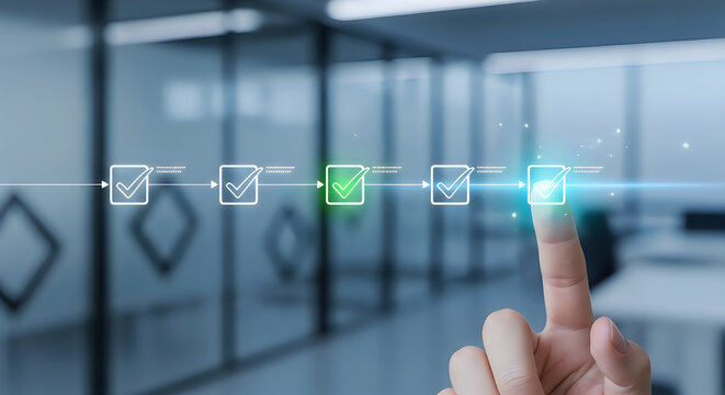 Business checklist progress with glowing checkmarks and finger touching screen.