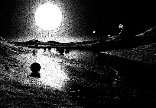 Alien planet landscape in retro dotwork style. Planets and satellites over unknown planet in space. Sci-fi world landscape beyond our galaxy.