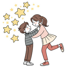 Fototapeta premium Embracing boy and girl with glowing stars hand drawn illustration
