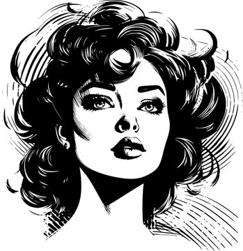 Ink drawing portrait of young woman with voluminous wavy hair glancing sideways mysteriously on white background