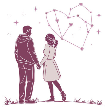 couple holding hands with constellation heart illustration minimalist style high quality