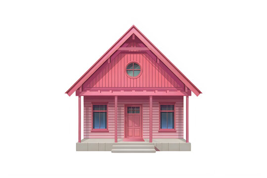 Pink house with porch and triangular roof  isolated on white background transparent background
