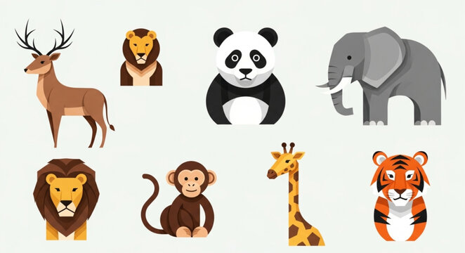 Collection of Diverse Cute Cartoon Animals in Flat Design Style.