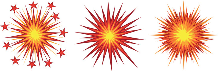 Red Orange Firework Explosion Burst Icon Set with Stars for Celebration, Festival, Comic, and Graphic Design © MstSuraiya