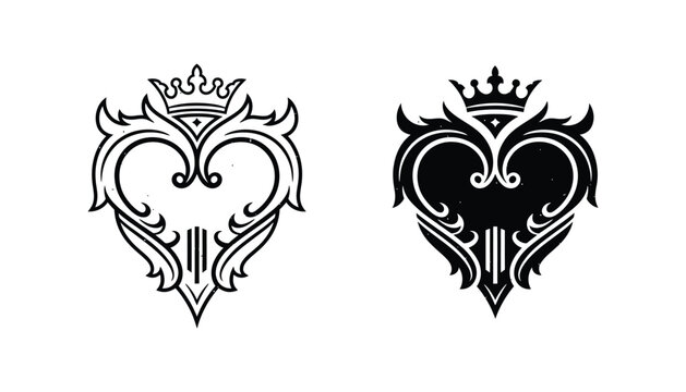 Ornate crest emblem with crown and heart motif in outline and distressed solid black styles symbolizing royalty luxury and heraldry isolated on white