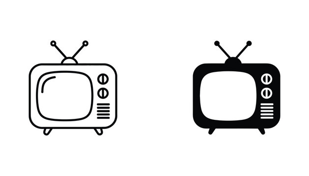 Retro television set icon collection featuring vintage TV with antenna in outline and solid black filled styles isolated on white background