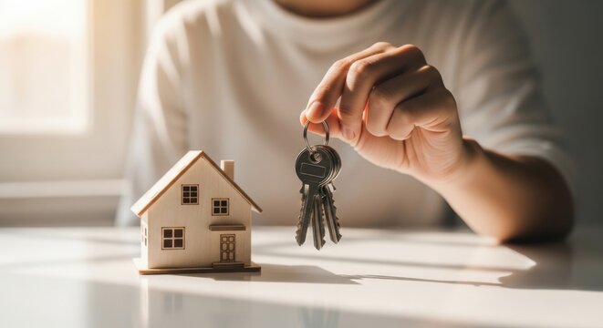 Person's Hand Holding House Keys Next to Miniature Home Model, Symbolizing New Ownership