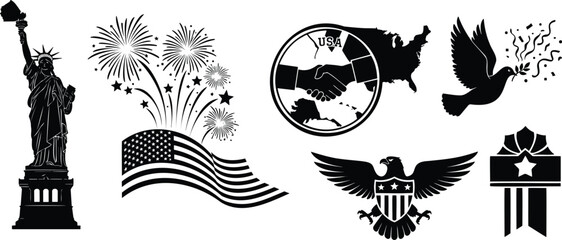 Patriotic statue of liberty flag and eagle vector illustration for american holiday decor. © MDRAYHAN