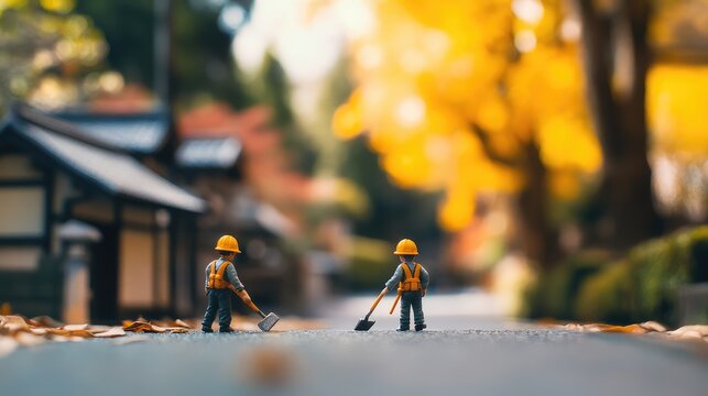 Miniature Construction Workers Clearing Autumn Leaves on a Serene Streetscape