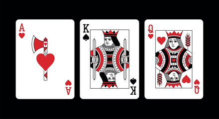 Stylish Ace, King, and Queen Playing Card Set in Red and Black for Casino, Poker, Card Game, and Gambling Theme Design Projects © MstSuraiya