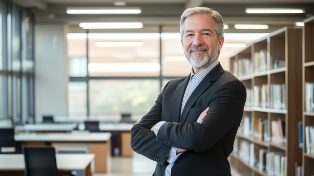 Portrait of confident professor standing in university library with arms crossed