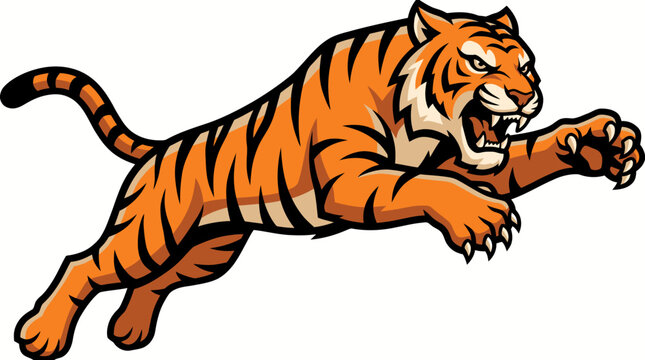 Powerful Tiger Pouncing Forward Vector Illustration