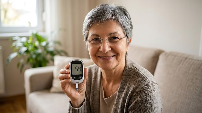 An older woman smiling and holding a blood glucose meter, health and wellness concept