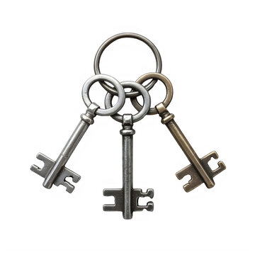 Three old metal keys on a keyring isolated on white background transparent background