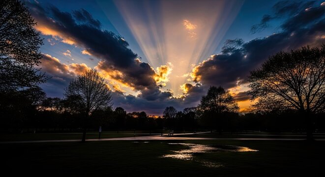 Dramatic sunset with radiant light beams through clouds over landscape